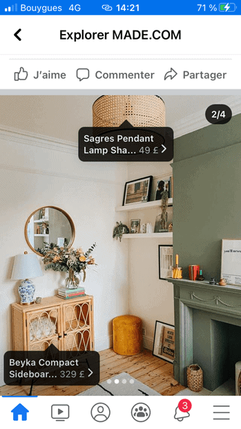Screenshot Facebook marque MADE.COM - shoppable content