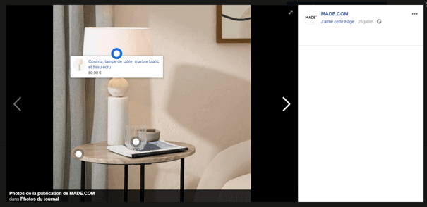 Screenshot Facebook marque MADE.COM - shoppable content - skeepers