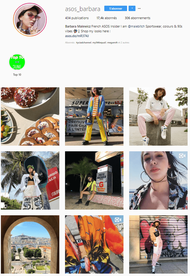 Un exemple de la methode asos avec la page Instagram de l'Insider Asos France Barbara Malewicz