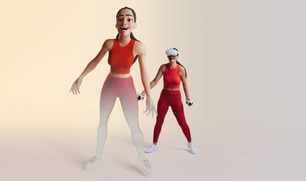 Femme, équipée d'un casque et de poignées pour diriger son avatar créé à son image